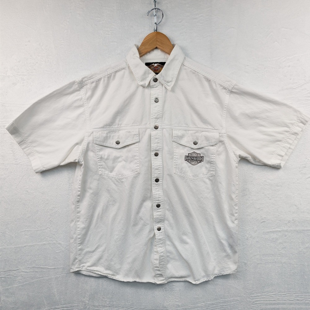 VTG Harley-Davidson Button-Down Shirt Men's Large White Snap Biker Moto Core Y2K